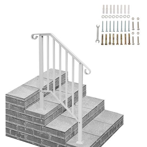 Kshioe Handrails for Outdoor Steps Fits 1 to 4 Steps, Wrought Iron Stair Railing for Outdoor Porch, All Weather Use Stair Rails on Concrete Steps, White (White, 2-3 Steps)
