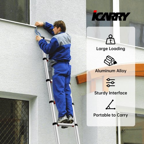 ICARRY Telescoping Ladder 10.8 FT Aluminum One-Button Retraction Collapsible Ladder, Soft Close Design Multi-Purpose Ladder w/Non-Slip Foldable Feet for RV, Household, Outdoor, 250lb Capacity