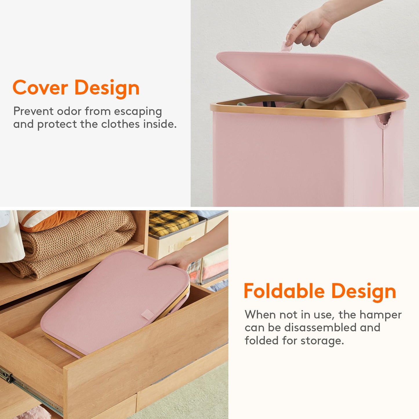 Lifewit 100L Laundry Basket with Lid, Clothes Hampers for Laundry with Bamboo Handles and 1 Removable Bag, Large Foldable Laundry Hamper for Bedroom, Bathroom, Dorm, Laundry Room, Pink