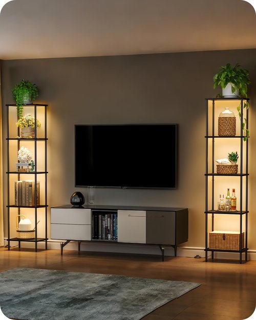 Display Shelf with Light, 5-Tier Shelf Lamp, Corner Floor Lamp with Shelves, Dimmable LED Floor Lamp for Living Room with Remote and Foot Control, 3CCT, Timer, Standing Lamp, Corner Bookshelf