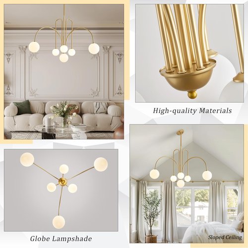 CATINER Gold Sputnik Chandelier,6 Lights Large Modern Chandelier L40”Mid Century Long Ceiling Pendant Light Fixtures for Dining Room with Milk Glass Globe Shades for High Ceiling Foyer Living Room