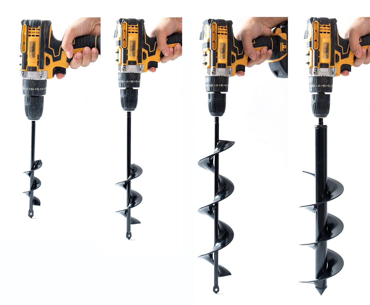 VASGOR Set of 4 (1.6x9, 2.4x12, 3.2x16, 4x16) Auger Drill Bit for Planting - Easy Planter Garden Auger - Bulb & Bedding Plant Augers - Posthole Digger for 3/8” Hex Drive Drill