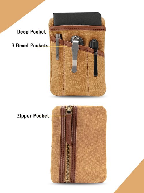 Sayram SP4 EDC Pouch, Waxed Canvas Compact EDC Pocket Organizer, Zippered Pocket Pouch for Men, Mini EDC Organizer for Change, Notebook, Tactical Pen, Flashlight (Oil Wax Brown)