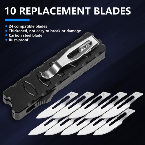 Scalpel Knife, Aluminium Alloy Box Cutter Retractable with Clip, Utility Knife with With 10pcs Carbon Steel Replacement Blades #24 (Black)