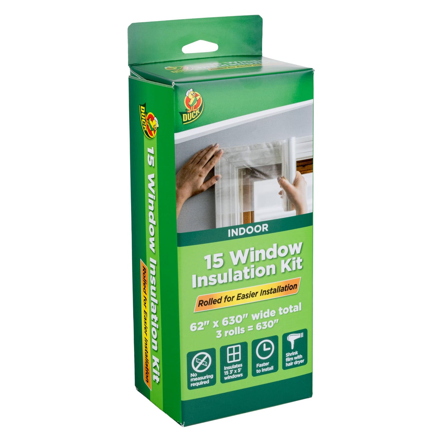 Duck Brand Winter Window Insulation Kit – Window Seal Rolled Shrink Film Covers Up to 15 3’ x 5’ Windows – Window Tape Included – Easy Indoor Installation - Clear - 15-Pack (288069)