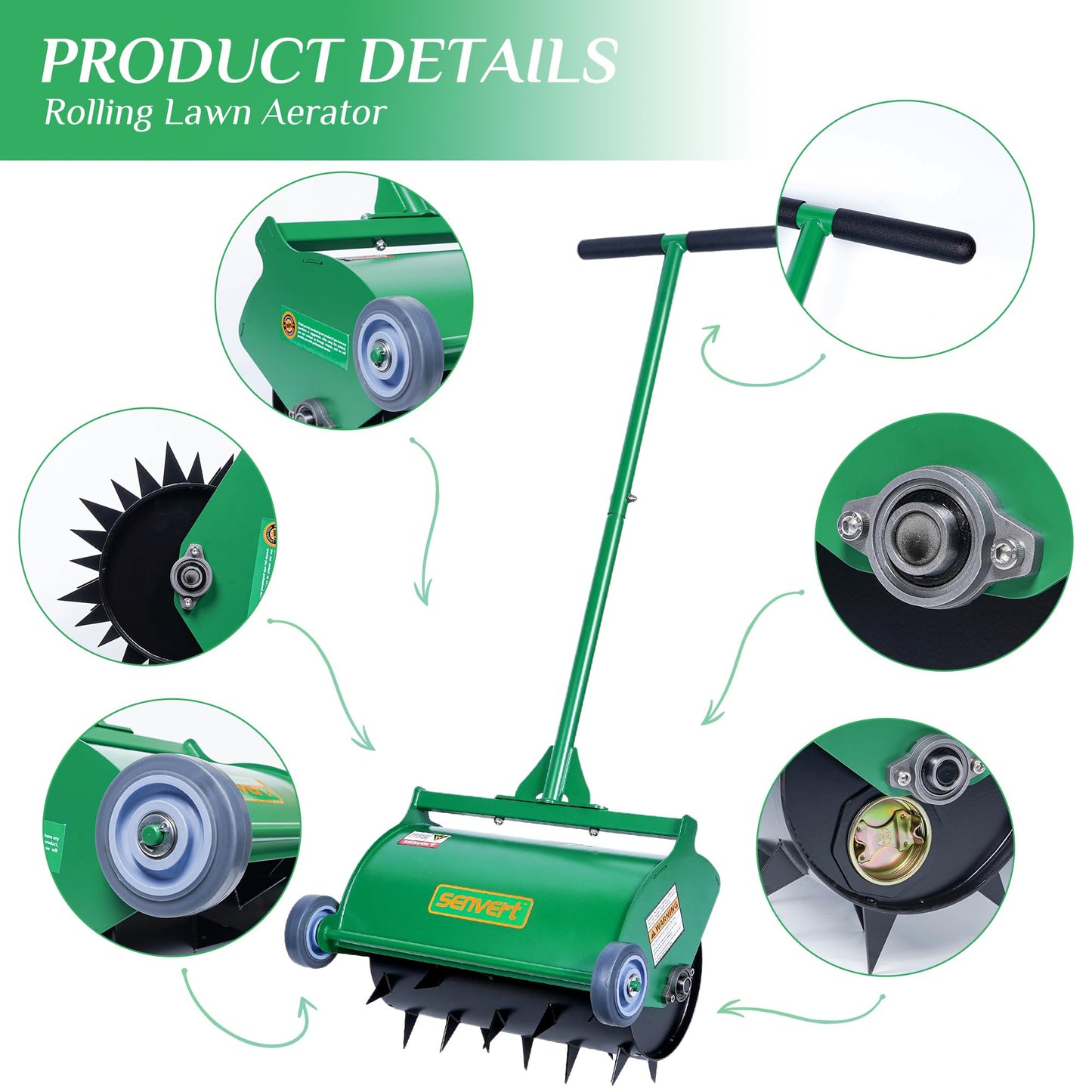 SENVERT Rolling Lawn Aerator, Heavy Duty Push Spike Aeration Tool Up to 55 lbs, Manual Rotary Grass Aerator for Garden and Yard Use