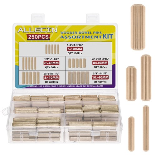 ALLECIN 5 Sizes 250Pcs Wooden Dowel Pins Kit 1/4 3/8 5/16 Inch Small Fluted Wood Dowels Pegs Hardwood Pin for Furniture Woodworking Crafts
