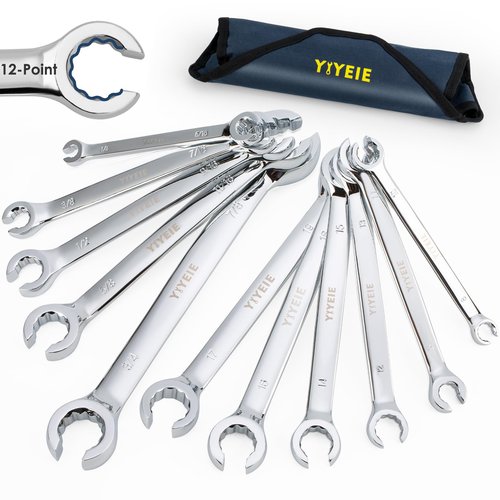 YIYEIE 11-Piece Flare Nut Wrench Set, Metric & SAE, 12-Point Line Wrench Set for Brake, Fuel and Tubing, CR-V Steel, 8mm-19mm & 1/4"-7/8"