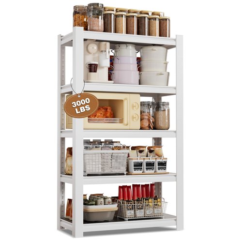 WORKPRO House 5-Tier Shelving Unit, 3000lbs Adjustable Storage Shelves, Boltless Book Shelf, Shelf Organizer for Kitchen, Living Room, Bathroom, Wood Grain Pattern, Waterproof Board, 24-1/10"W, White