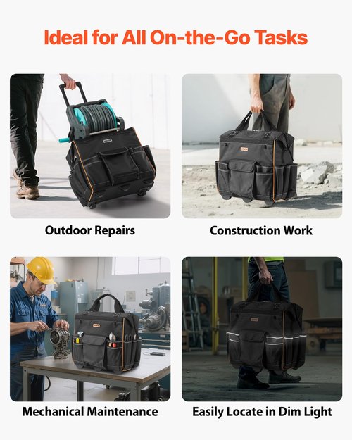 VEVOR 18" Rolling Tool Bag, 110lbs Load Capacity, 25Pockets Heavy Duty Roller Tool Bag w/Adjustable Telescoping Handle & Stable Base, Toolbag Organizers with Wheels for Electrician, Construction