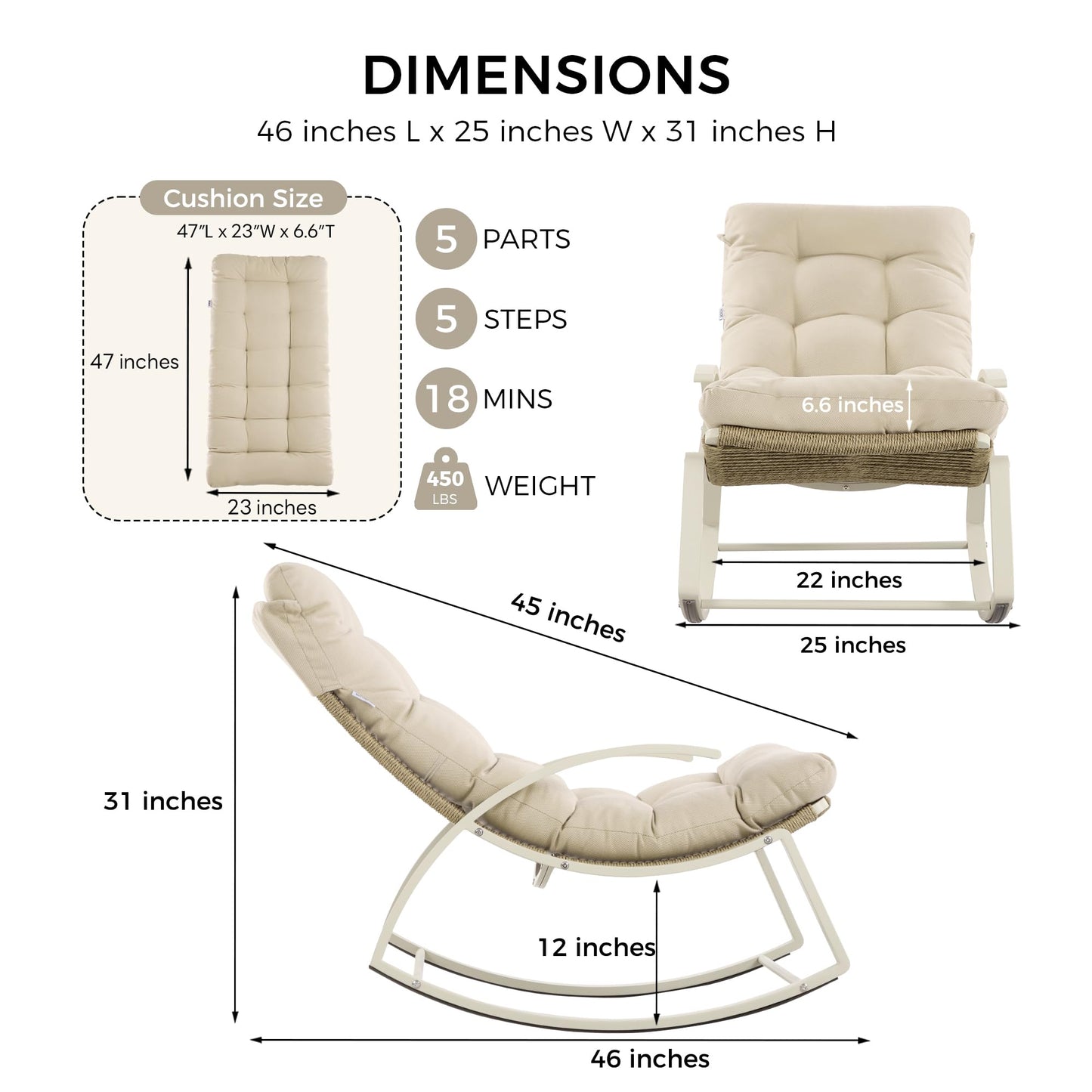 IRONCK Outdoor Rocking Chair with Armrest and Cushion, Patio Rocking Chair, 480lbs Capacity, Handwoven Twisted Rattan Rocker for Garden, Living Room, Balcony, Beige