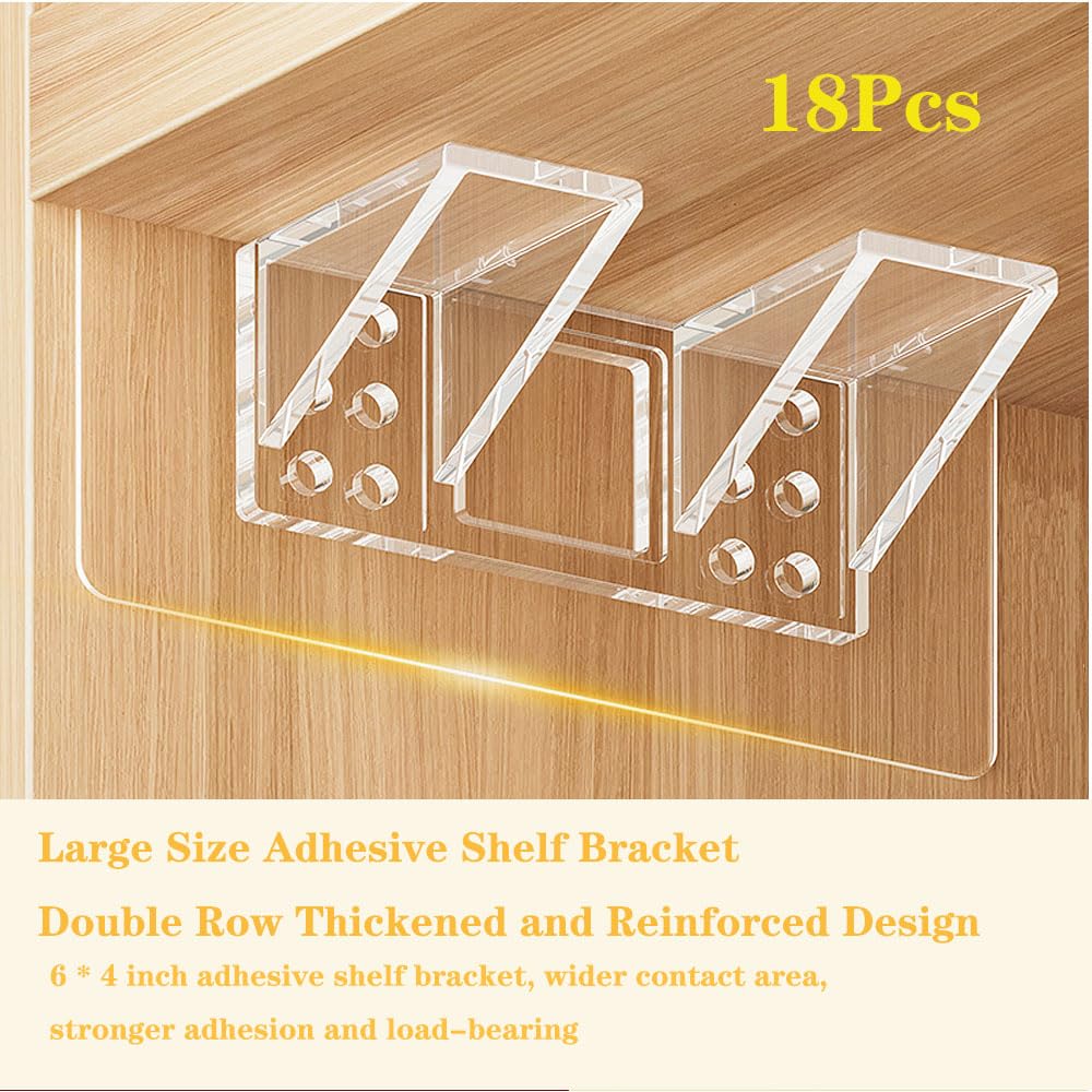 18 Pieces Large Size Adhesive Shelf Bracket, Double Row Thickened and Reinforced Design Shelf Support Pegs for Shelves Kitchen Cabinet Book Closet