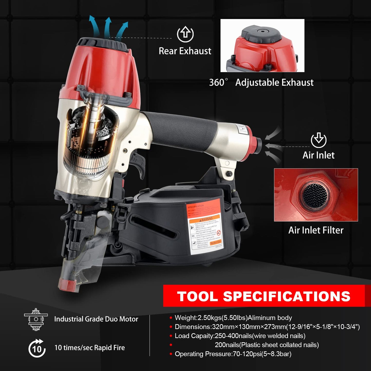 CREWTOWER Pneumatic Coil Siding Nailer CN565B, 1-1/4" to 2-1/2"