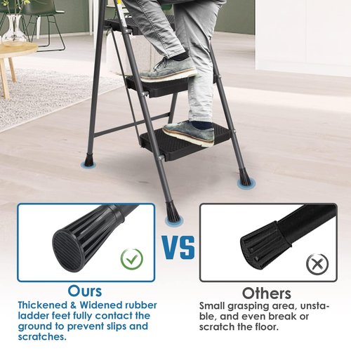 3 Step Ladder, GOLYTON Folding Step Stool with Anti-Slip Wide Pedal & Convenient Handgrip, 500lbs Capacity Steel Ladder for Household and Office, Grey