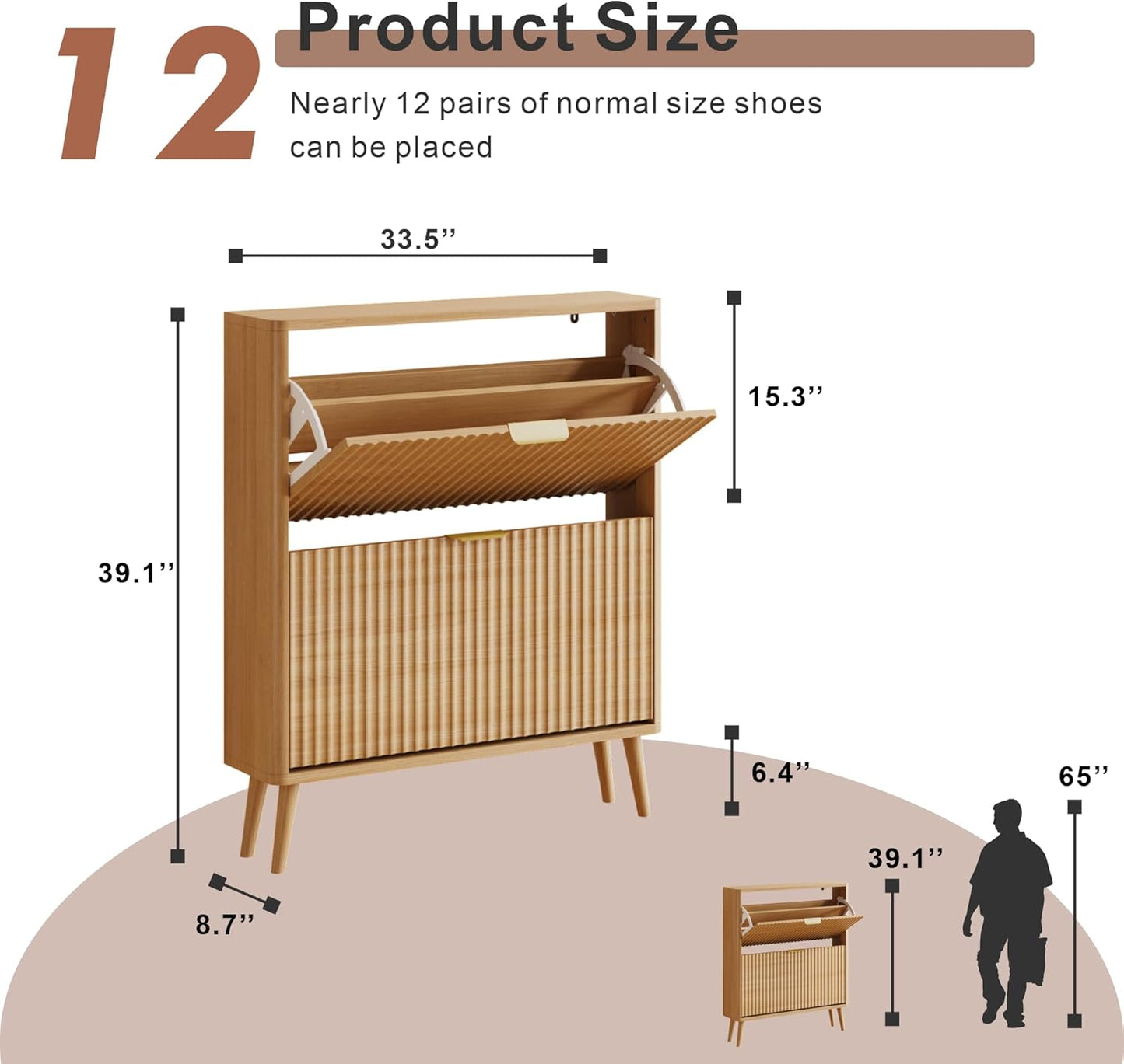 Narrow Shoe Storage Cabinet, Freestanding Shoe Cabinet Organizer for Entryway, Hallway (Oak, 4 Flip)