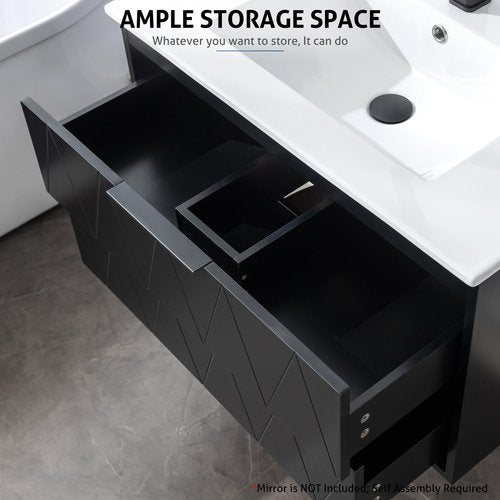 eclife 30" Bathroom Vanities Cabinet with Sink Combo, Wall Mounted Floating Cabinet W/Decor Line, Soft-Close System, 2 Extra Big Drawers, Matte Black Faucet, Black