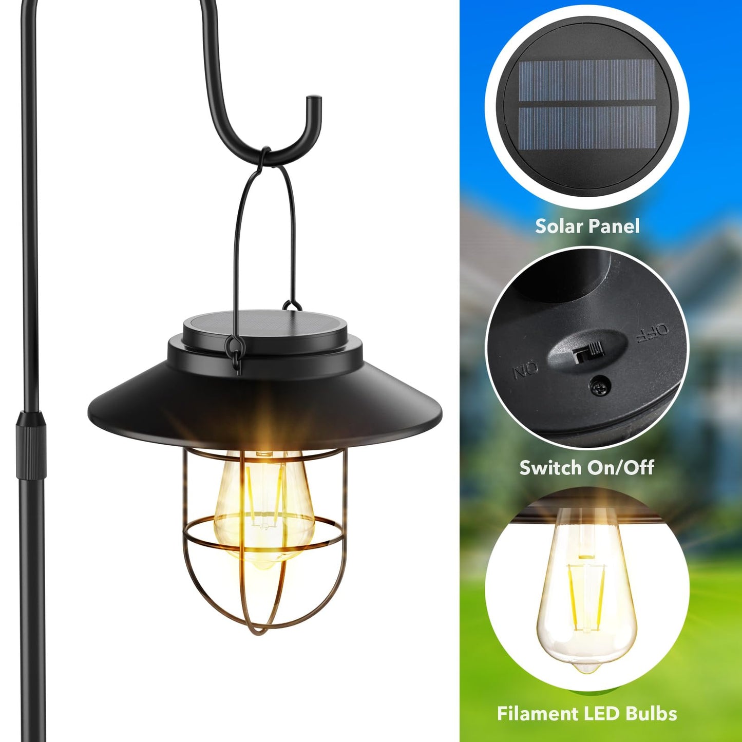 XPSCOCO 60" Solar Light with Plant Stands, Outdoor Floor Lamp, Waterproof Metal Hanging Solar Lantern for Patio Deck Porch Yard Garden Decor