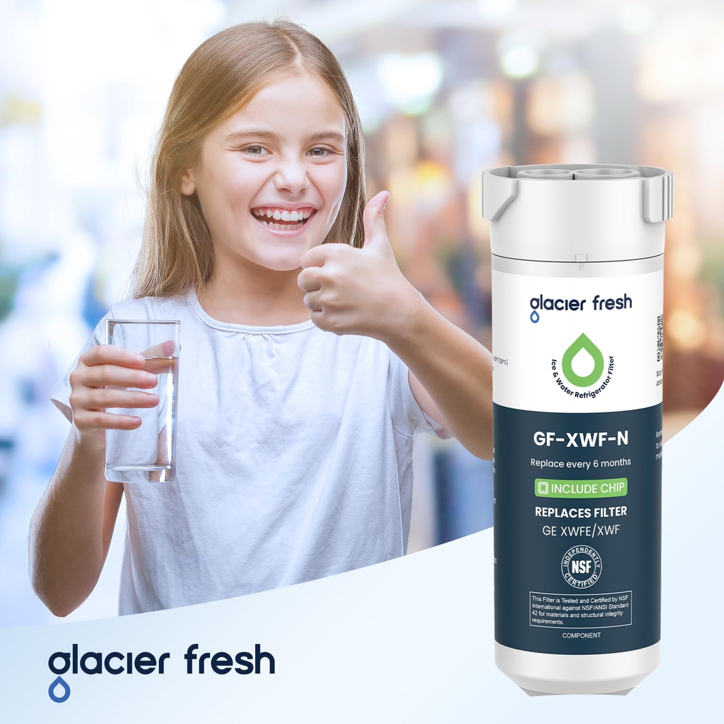 GLACIER FRESH Water Filter Compatible with XWFE (Built-in CHIP), Replacement for GE XWFE, XWF Refrigerator Water Filter NSF/ANSI 42 Certification Pack of 2
