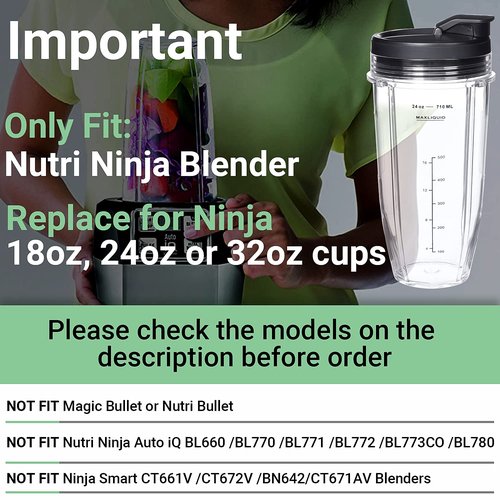 Replacement 24oz Blender Cup For Ninja BN401 BN751 BN801 BN800 BL450 BL456 BL480 Foodi SS401 SS101 TWISTi SS151 SS351 Cups Nutri Ninja Auto IQ Parts Lids Upgraded (2 Pack)