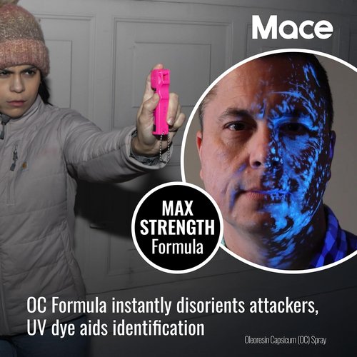 Mace Brand Self Defense Mace Pepper Spray, 12' Spray Stream, 10% OC Pepper Spray with UV Marking Dye, Attention-Grabbing Pink Case, Keychain & Belt-Clip, 18 Grams, 4.25" x 1.25" Personal Size (80347), Hot Pink