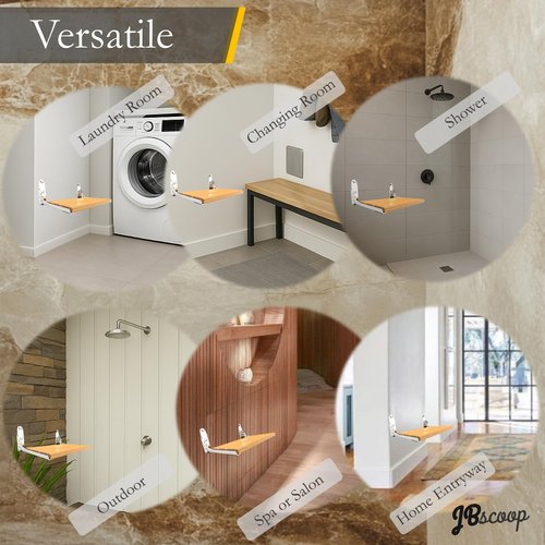 JBscoop Folding Shower Seat, Teak Wood & 304 Stainless Steel Wall-Mounted Bench, 440 lb Capacity, Waterproof & Rustproof, Space-Saving Foldable Design – 18 Inch for Bathroom or Spa