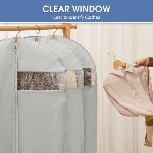 4 Pack - 65" Dress Garment Bags for Hanging Clothes, Dress Bags for Gowns Long, Foldable Long Garment Bag with Clear Window for Closet Storage and Travel - Gray