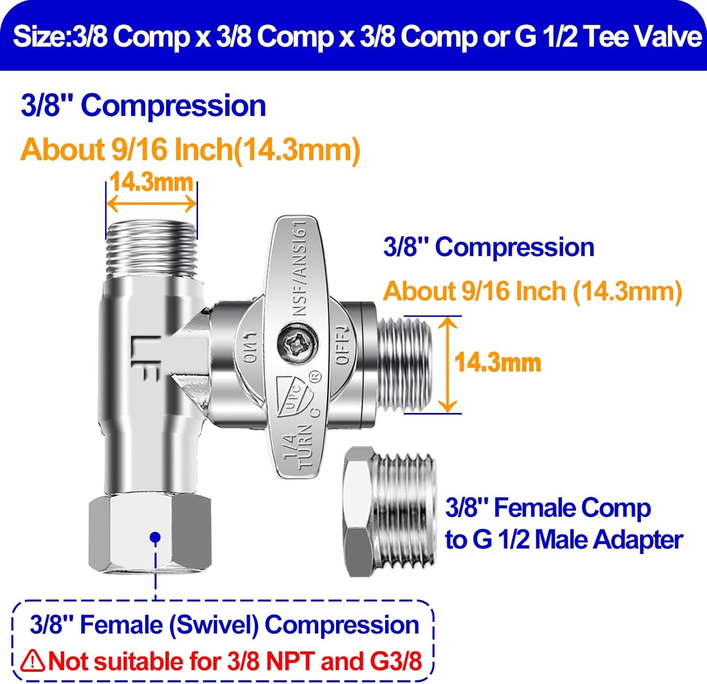 Tee Stop Valve - Lead-Free Add-A-Tee Valve 3/8 Inch x 3/8 Inch x 3/8 Inch,1/4 Turn Brass Extender Tee Connector with Built-in Sealing Gasket for Faucet,Glass Rinser,Dishwasher,Washing Machine