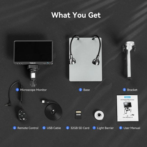 TOMLOV DM9 7" Digital Microscope: 1080P 1200X Coin Microscope Magnifier, 12MP Ultra-Precise Focusing LCD Soldering Microscopes for Adults, PC View, 32GB