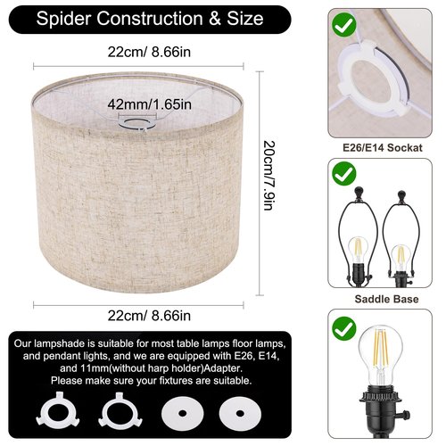 Small Lamp Shade, Beige Drum Lampshade 8.7''Top X 8.7'' Bottom X 7.9'' High, Replacement Lamp Shade Natural Linen Hand Crafted for Table Lamps Floor Lamps Chandelier Lamp, Easy Assembly Required