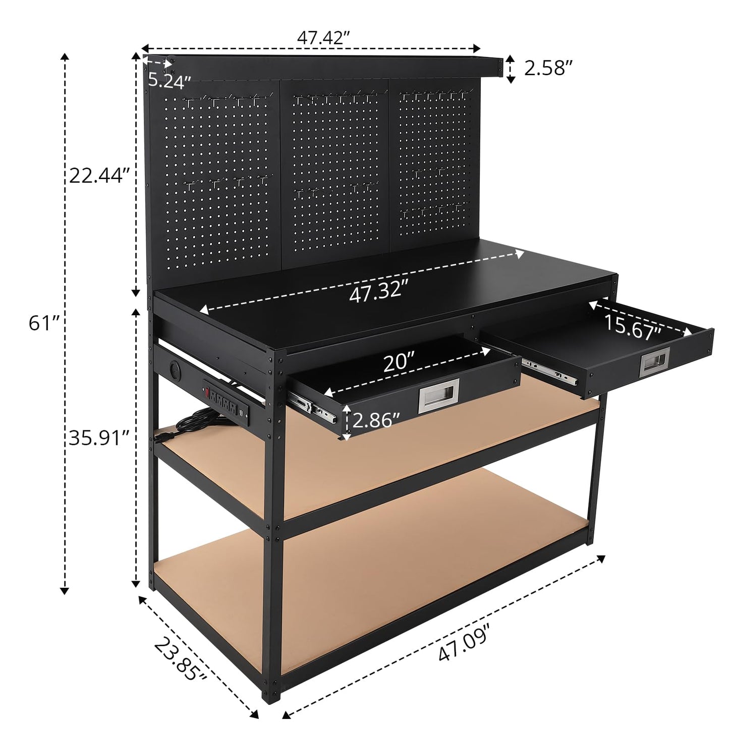 FinerFurnis 3-Tier Metal Workbench with 2 Drawers, Heavy Duty Workstation with Power Outlets and Pegboard, Durable Workshop, Office, and Home Work Bench