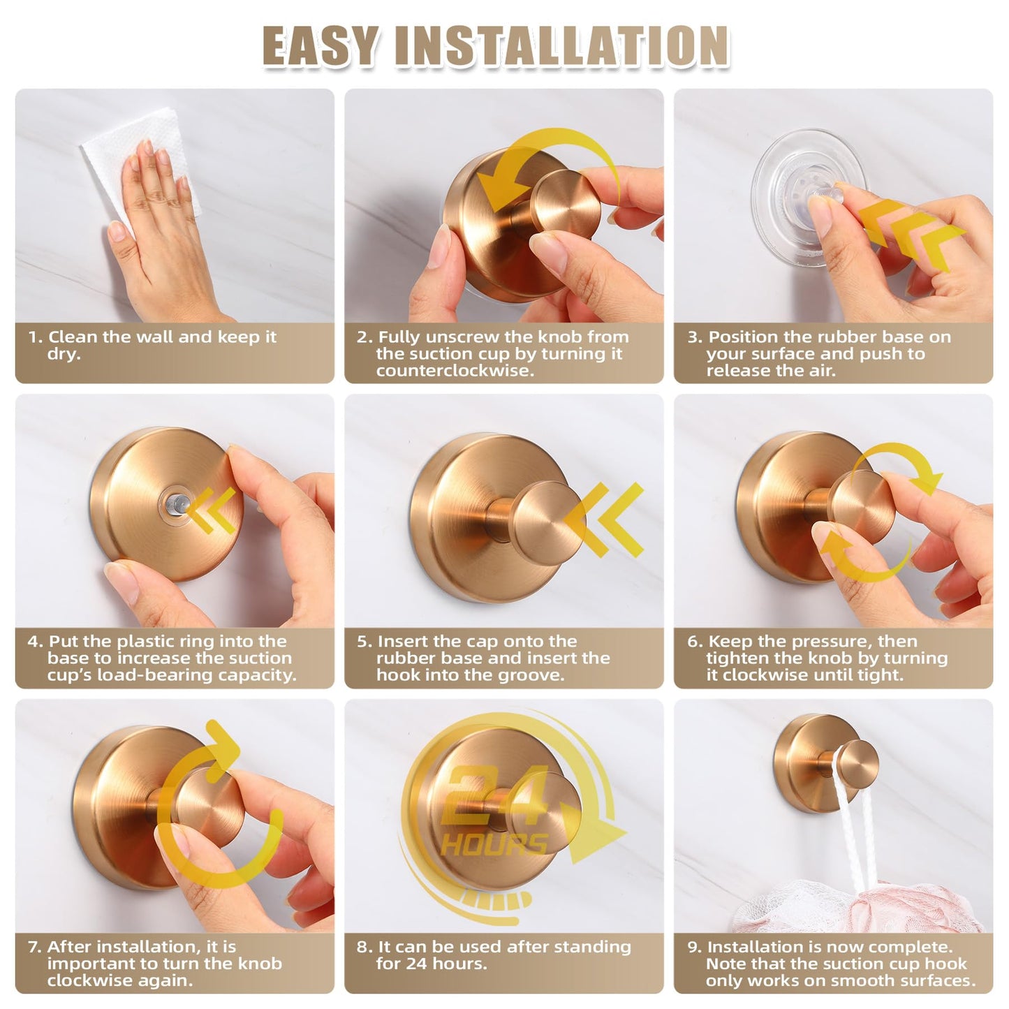 Fenas Suction Cup Hooks for Shower No-Drill Bathroom Hooks for Towels, Robes, Loofah Mountable on Bathroom Walls, Kitchen, Glass, Mirrors, Tile and Smooth,Non-Porous Surfaces (2, Champagne Bronze)