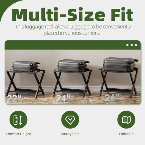 vovala Luggage Rack, Set of 2, Folding Suitcase Stand with Storage Shelf, Premium Bamboo Luggage Holder for Guest Room, Bedroom, Hotel, Closet, Holds up to 135 lb (Black)