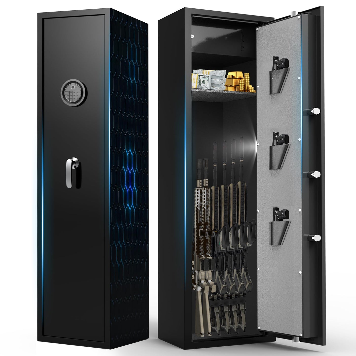 Marcree Gun Safe for Rifles, 3-5 Quick Access Digital Rifle Gun Safe with Dual Alarm System, Gun Cabinet with Mute Function, Shotgun Safe for Home Office, LED Light, Assembly Required