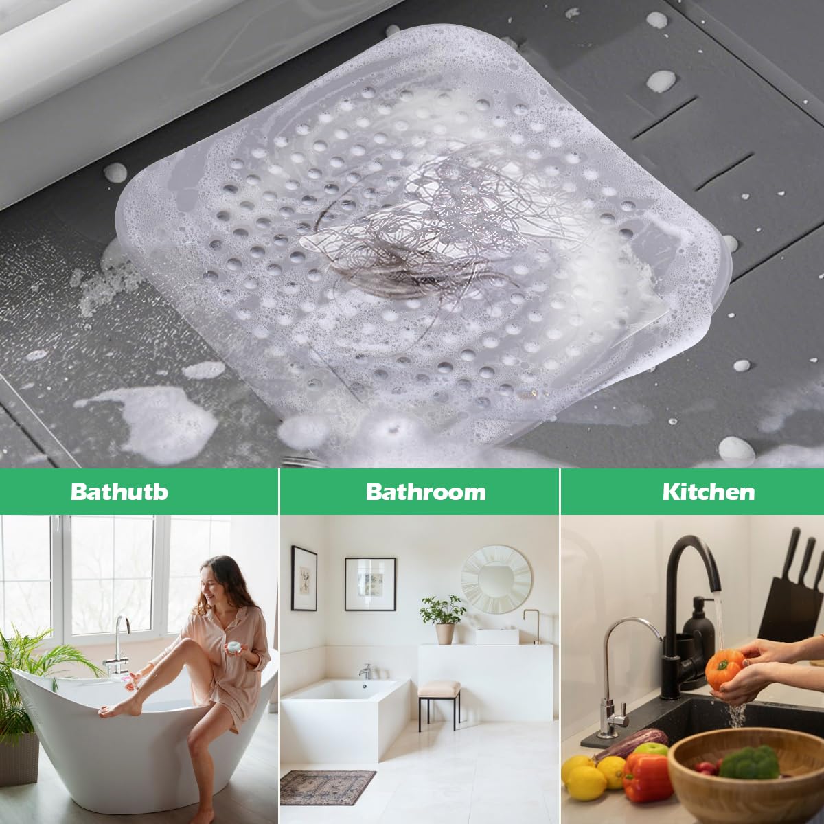 3 Pack Hair Catcher Drain Cover with 4 Suction Cups, 5.7x5.7 Inch TPR Square Sink Strainer for Bathroom, Kitchen, Shower & Tub, Durable, Easy to Clean, Grey