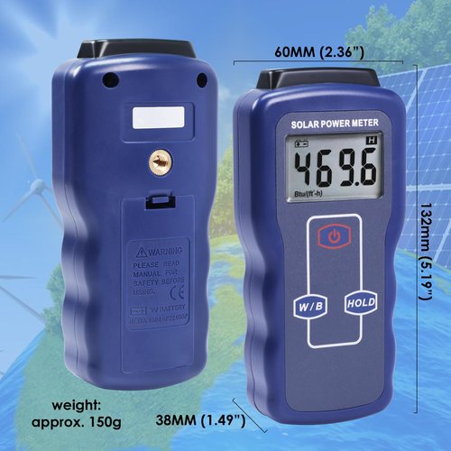 Solar Power Meter Digital Solar Meter, Solar Irradiance Meter for Solar Energy Testing, Solar Transmission Meter with Accuracy Drift<1.5%/Year&Btu/(ft2-h)& W/m² Units for Meteorology Sun Measurement
