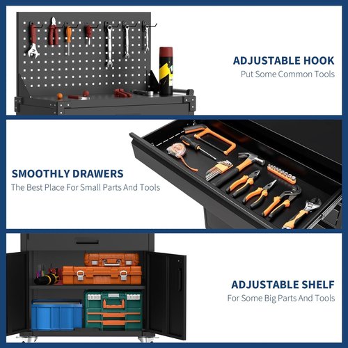 EcoSummer Heavy Duty Steel Rolling Tool Cabinet with Wheels, 2 Drawer, Pegboard, Adjustable Shelves 2 Doors, 35” Mobile Storage for Garage, Workshop, Warehouse Organization