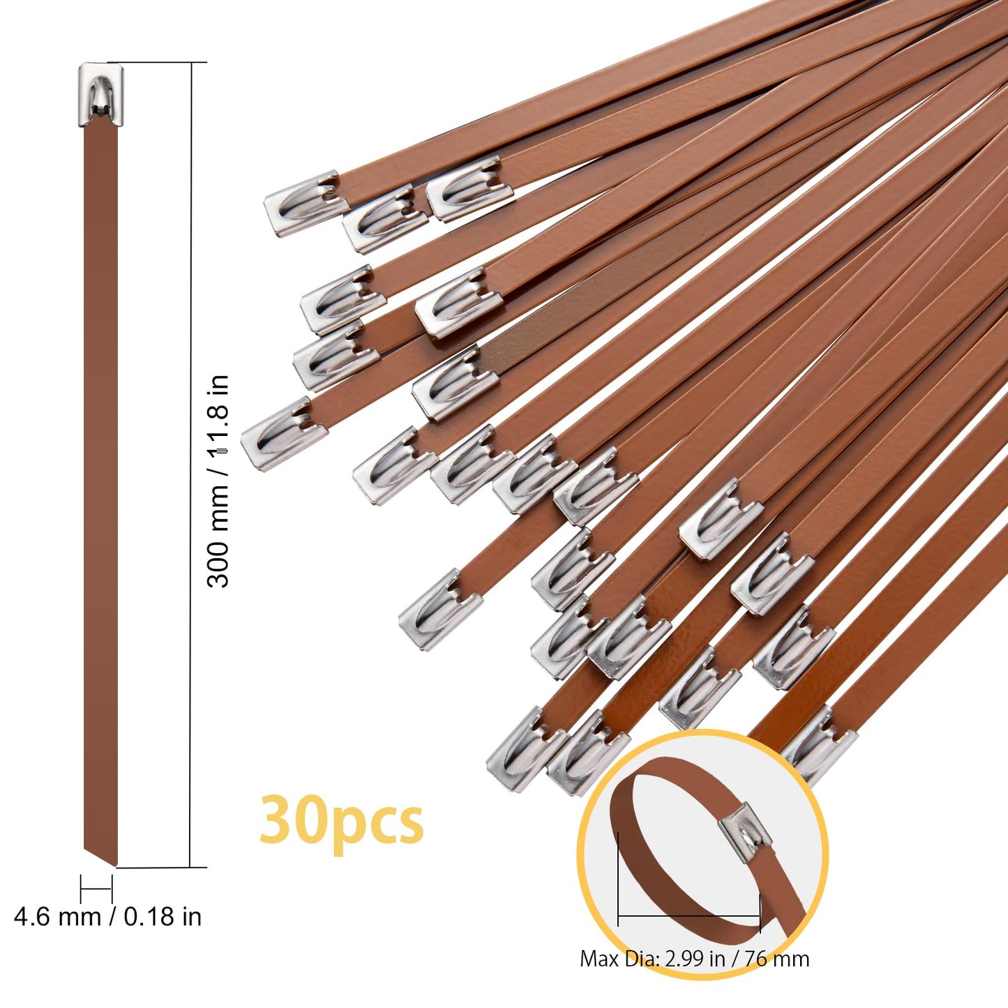 SCITOOLS Metal Zip Ties Brown 11.8-Inch 304 Stainless Steel Zip Ties Heavy Duty, 270LBS Tensile Strength, Wire Multifunctional Locking Exhaust Wrap Flexible Durable 30 PCS