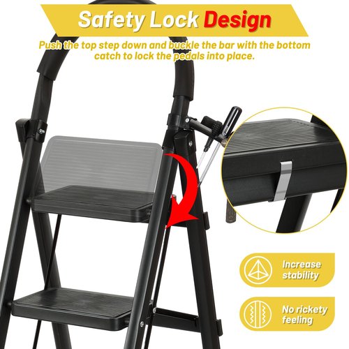 5 Step Ladder with Tool Storage Tray, Folding Step Stool with Wide Anti-Slip Pedal Handle, Sturdy Steel Tall Step Ladder Portable for Adults, 330lbs Capacity Lightweight for Kitchen Home Office, Black