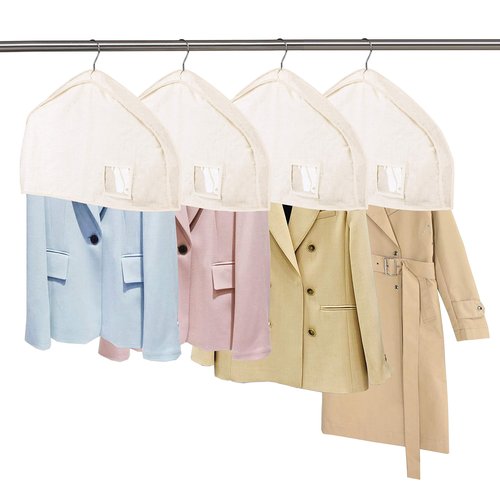 Cotton Shoulder Covers Garment Bags for Clothes 2" Gusset Garment Dust Protectors with Clear Pocket, for Suit, Coat, and Dress Storage - Eco-Friendly, Durable for Closet, Travel, and Hote (4 Pake)