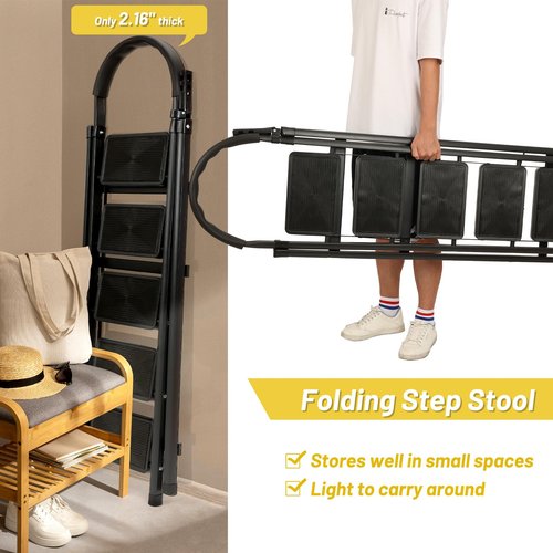 5 Step Ladder with Tool Storage Tray, Folding Step Stool with Wide Anti-Slip Pedal Handle, Sturdy Steel Tall Step Ladder Portable for Adults, 330lbs Capacity Lightweight for Kitchen Home Office, Black