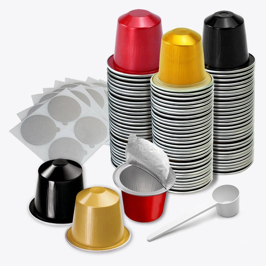 Espresso Capsules Refillable Coffee Pods For Nespresso Original Line,Disposable Aluminum Coffee Filter Capsule,Replacement Pods Kit For Nespresso Machine (60 Foil Seals Lids+60 Pods+1 Spoon)