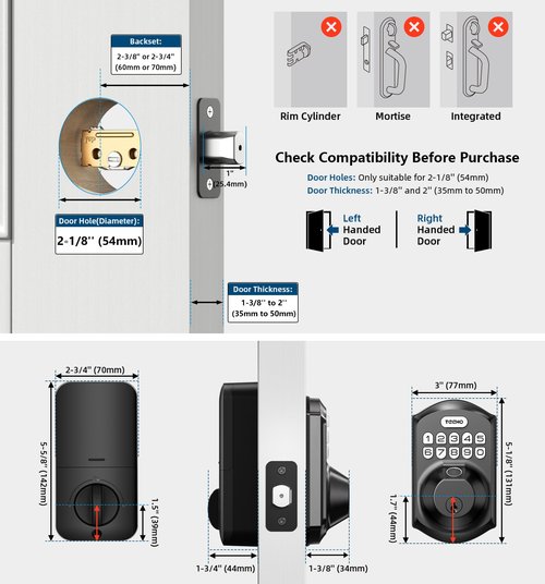 TEEHO TE002 Fingerprint Door Lock - Keyless Entry Door Lock - Electronic Keypad Deadbolt - Smart Locks for Front Door - Auto Lock - Easy Installation - Matte Black