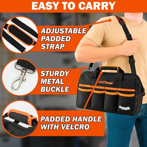 AV Steel 15 Inch Tool Bag with 16 Pockets Foldable Close Top Wide Mouth Tool Bag Organizer with Handle & Padded Adjustable Strap, Heavy Duty, Waterproof