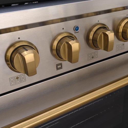 Akicon 36" Slide-in Freestanding Professional Style Gas Range with 5.2 Cu. Ft. Oven, 6 Burners, Convection Fan, Cast Iron Grates, & Blue Porcelain Oven Interior, In Stainless Steel with Gold