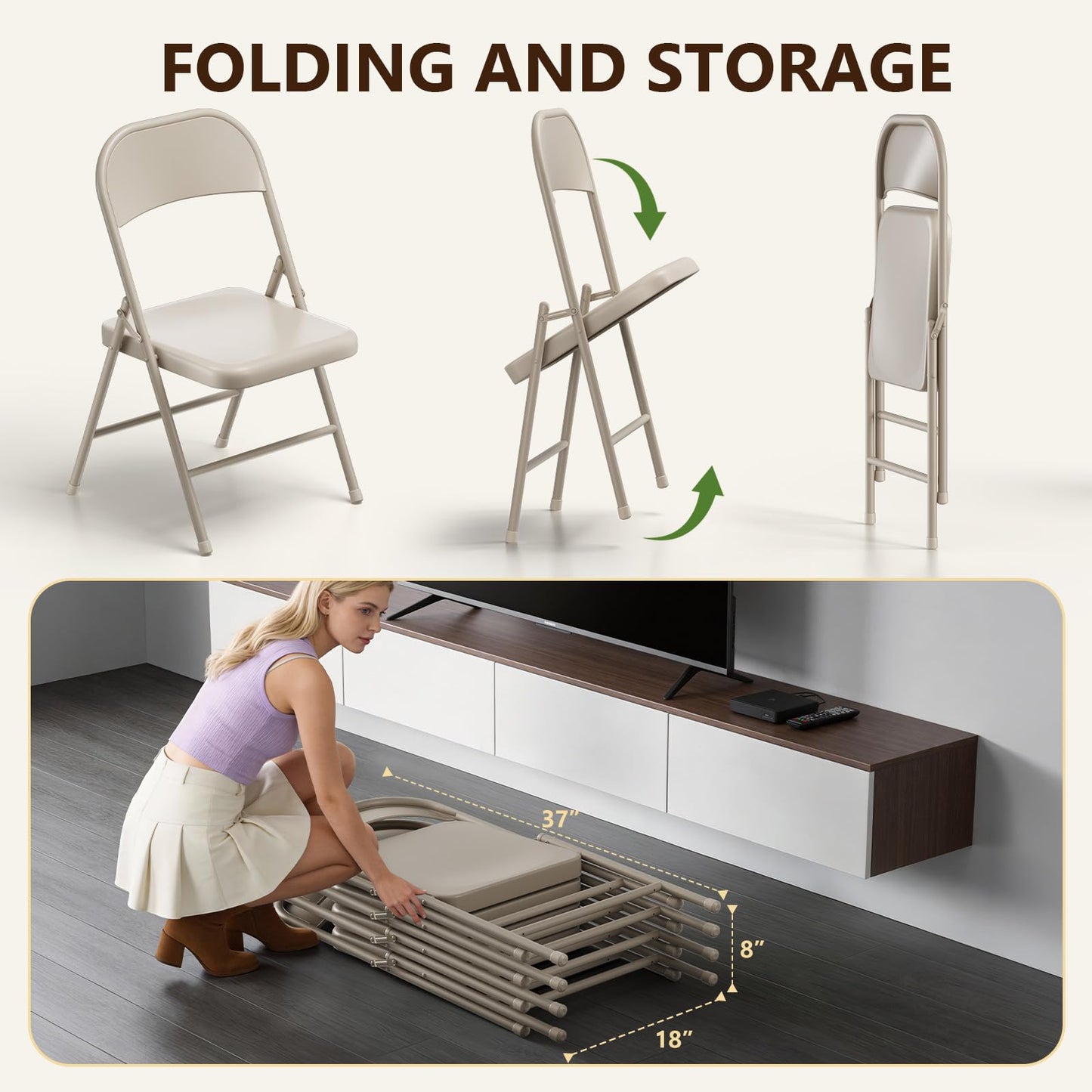 MAKE CHANGES 4 Pack Folding Chairs, Indoor Outdoor Foldable Chair Sturdy Metal Chairs, Portable Chair Comfortable Event Chair for Banquet, Event, Party, Wedding, Church(Khaki)