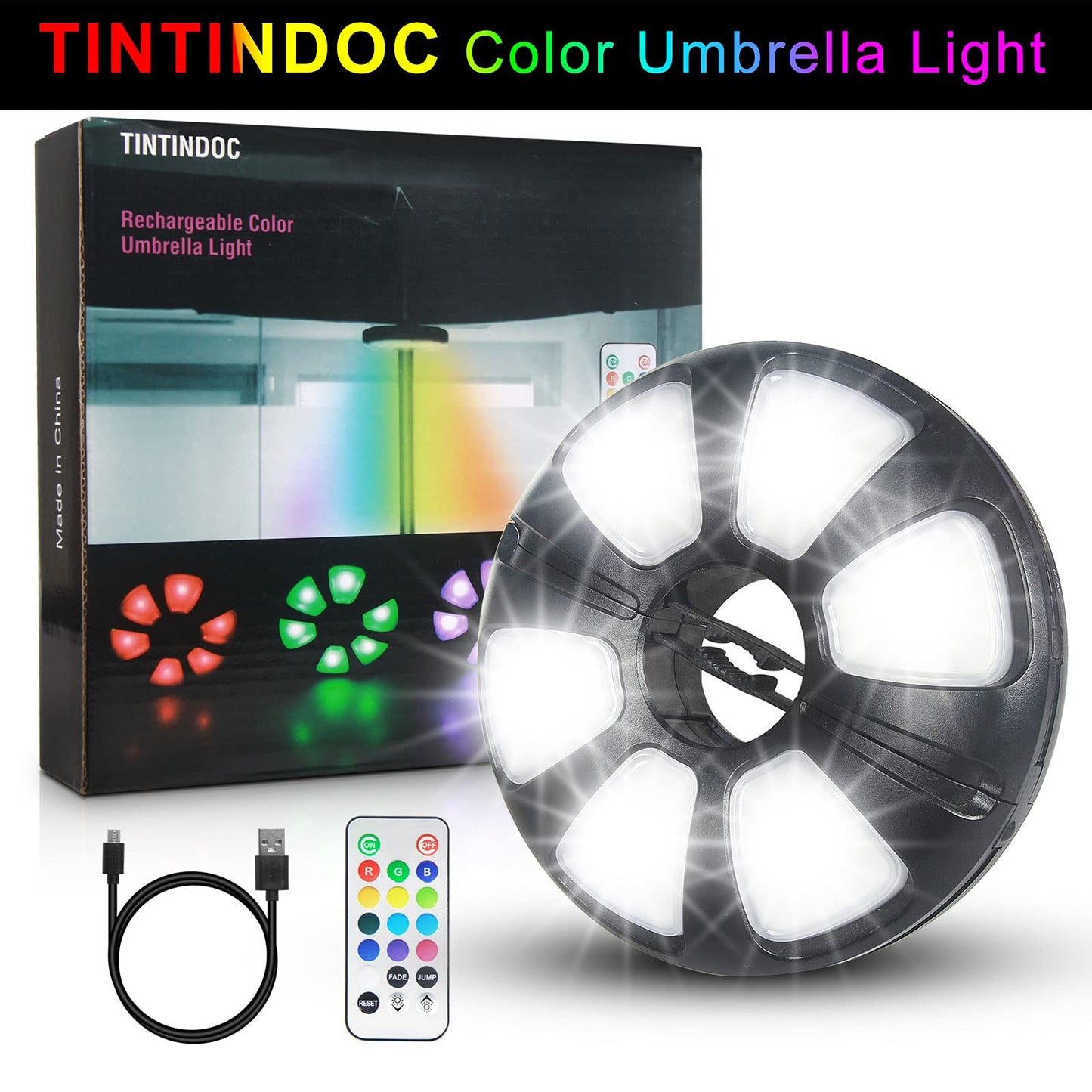 TINTINDOC Color Umbrella Light with Remote Outdoor/Patio Umbrella Light Rechargeable/AA Battery Umbrella Pole Light 300Lumen/Stepless Dimming Umbrella Light for Patio Table