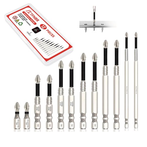 TFNBR Anti Slip Screwdriver Bits, 12-Piece High-Magnetic Screwdriver Drill Bit Set, Magnetic Screwdriver Bit Set for Electric & Impact Drivers, 25 50 65 70 90 150mm Drill Bit Set