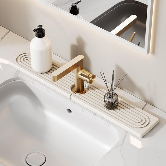 24 Inch Stone Faucet Mat for Kitchen Sink Splash Guard - Diatomite Quick Dry Stone Mat Kitchen Sink Protectors, Water-Absorbent Faucet Handle Drip Tray(White, 23.6" x 3.9")