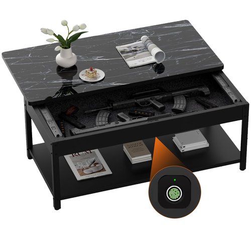 Gun Safe with Biometric Lock, Biometric Fingerprint Gun Safe for Rifles and Pistols, Hidden Gun Storage for Jewelry Money Rifles Pistols and Ammo, Use as Coffe Table (Black Marble Wood)