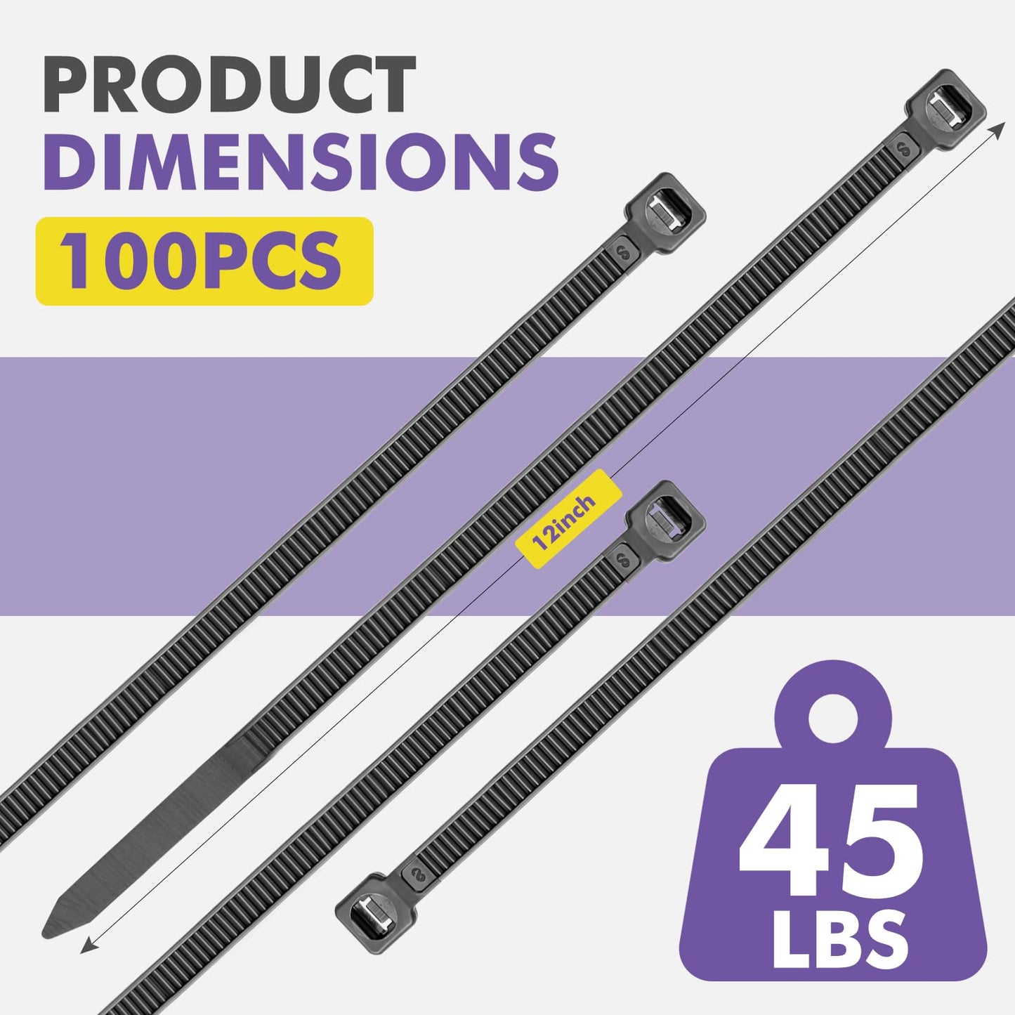 DAQIANG 12 Inch Zip Ties (100 Pack) - 45 lb Tensile Strength, Black Self-Locking Nylon Cable Ties for Indoor & Outdoor Use
